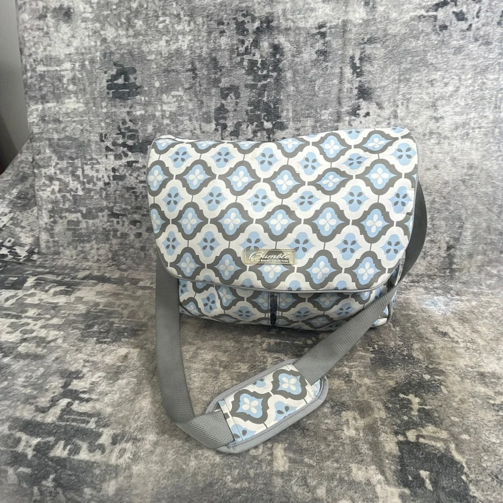 Bumble Unisex Diaper Bag Floral Trellis Gray Blue Messenger Travel Tote Bag